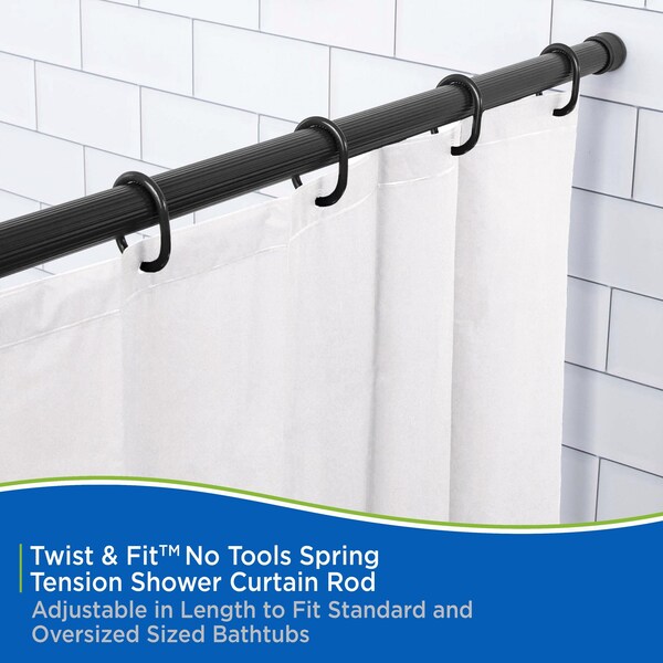 Twist & Fit No Tools Spring Tension Shower Curtain Rod, 42-72in, Black